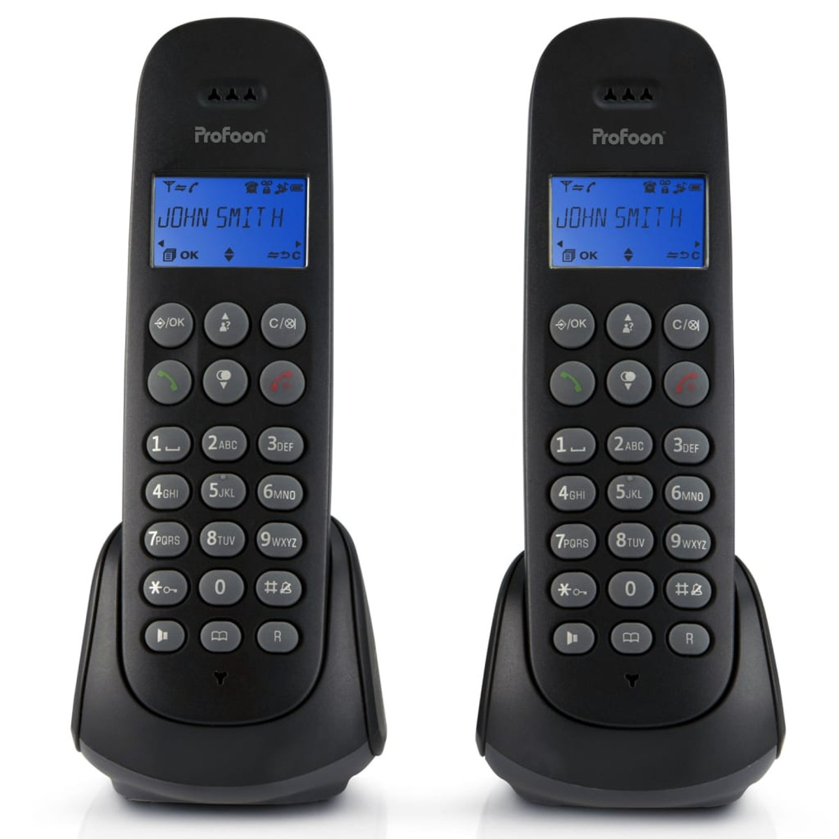 Two black cordless phones with blue screens and keypad buttons stand on charging bases against a white background.
