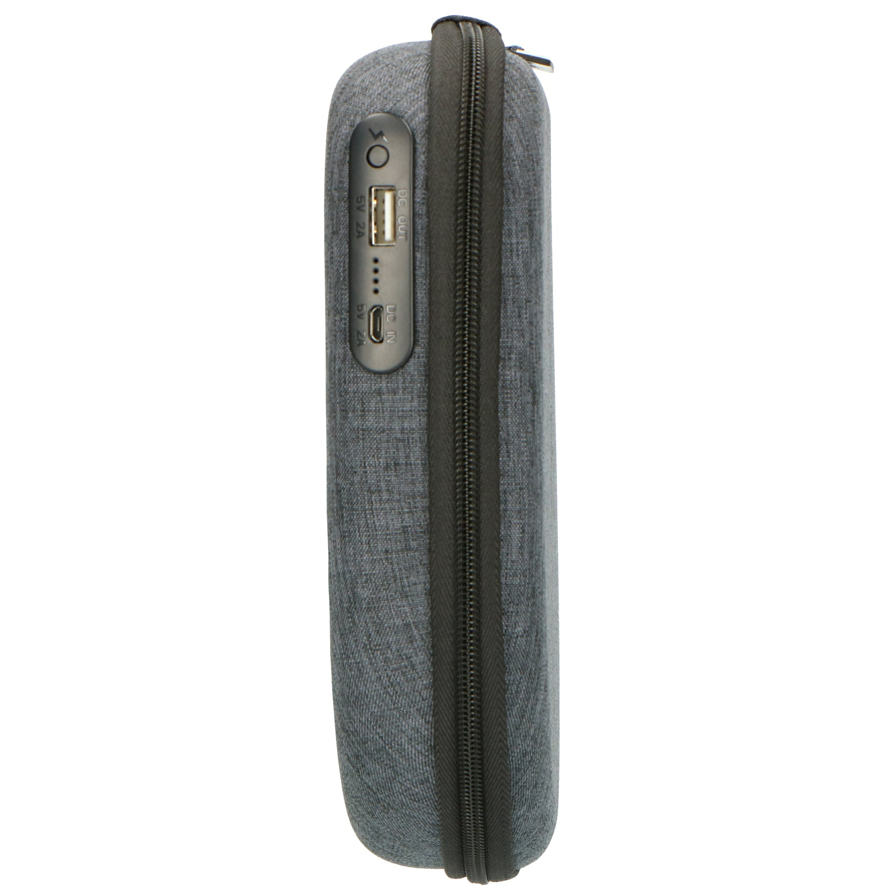 Graue Hartschalen-Powerbank-Tasche mit Reißverschluss, USB-Anschlüssen und Ladeanzeige an der Seite.