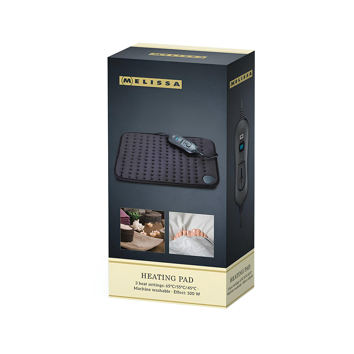 Verpackung einer schwarzen Melissa Heizdecke mit drei Wärmestufen, maschinenwaschbar, 100W.