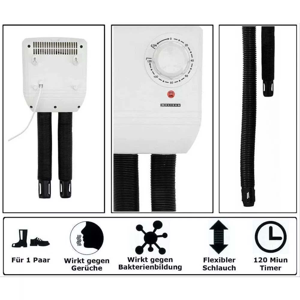 Secador de botas blanco con dos mangueras flexibles, temporizador y función antibacteriana.