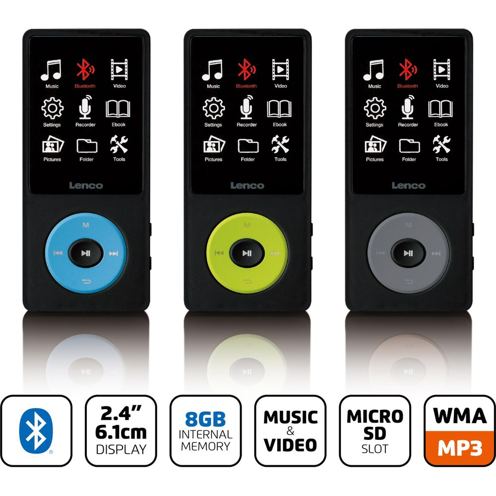 Trzy czarne odtwarzacze MP3 Lenco z niebieskimi, zielonymi i szarymi przyciskami oraz ikonami funkcji.