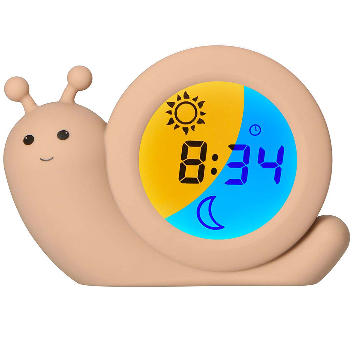 Ein beiges, schneckenförmiges Digitalwecker mit einem gelb-blauen Bildschirm zeigt Sonne, Mond und Uhrzeit 8:34.