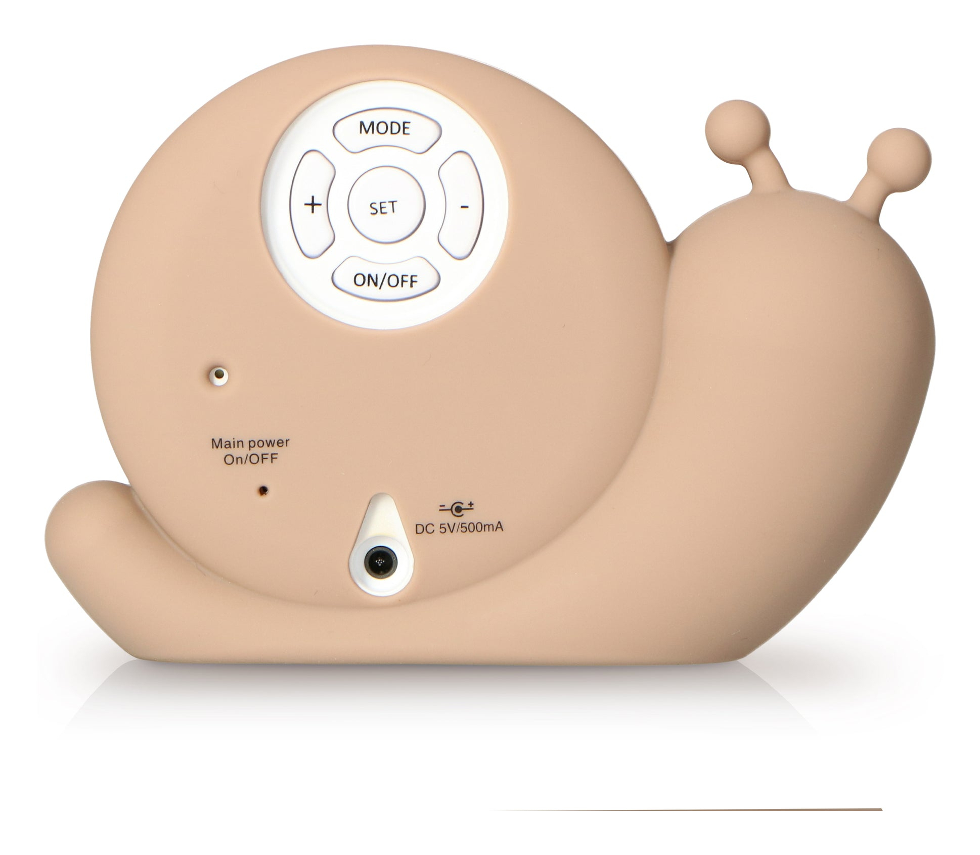 Beige schneckenförmige elektronische Kiste mit runden weißen Tasten auf der Oberseite.