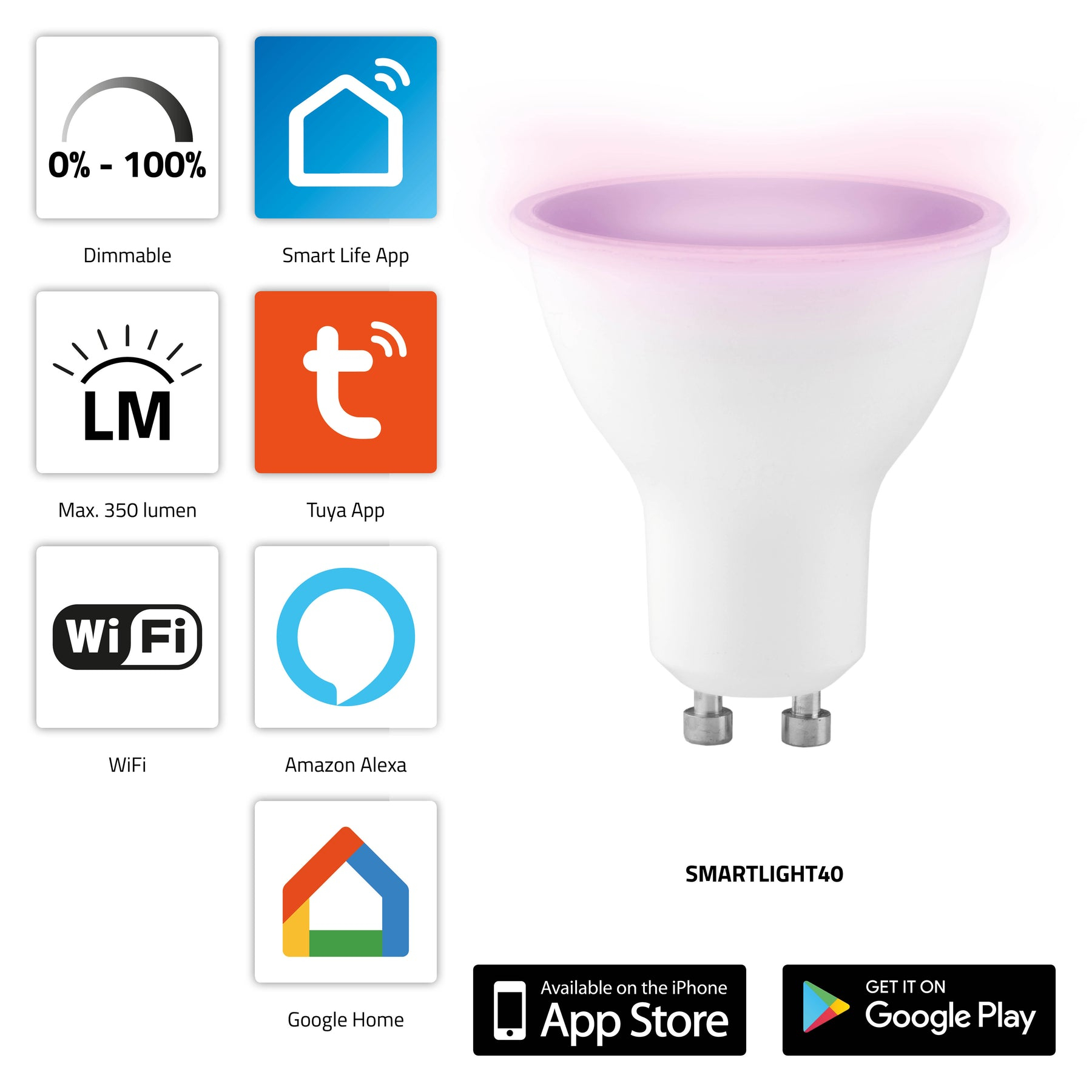 Smart LED-Lampe mit App-Logo, Dimm- und WLAN-Symbolen und App-Store-Buttons.