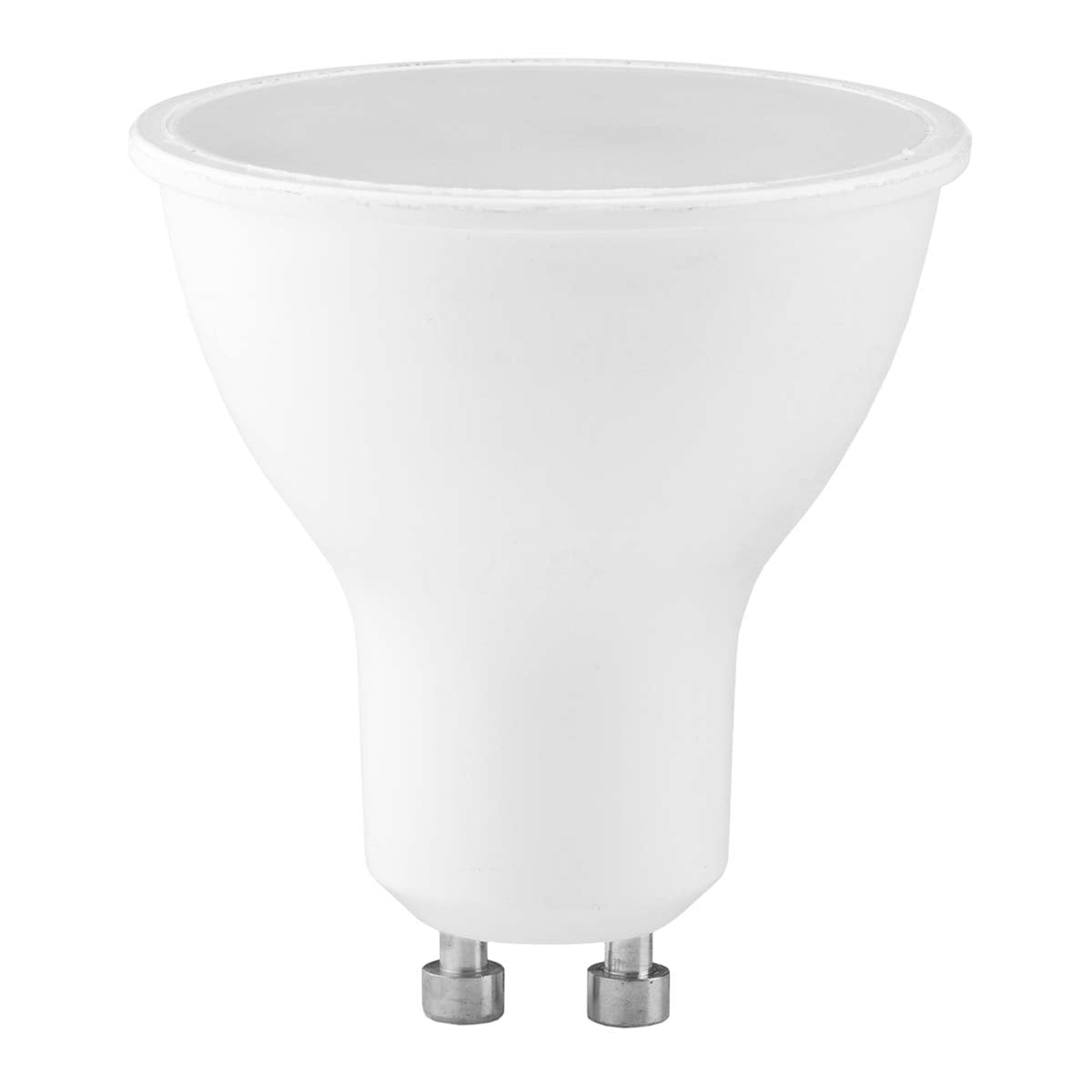 Eine weiße LED-Reflektorlampe mit zwei Metallkontakten am Boden vor einem weißen Hintergrund.