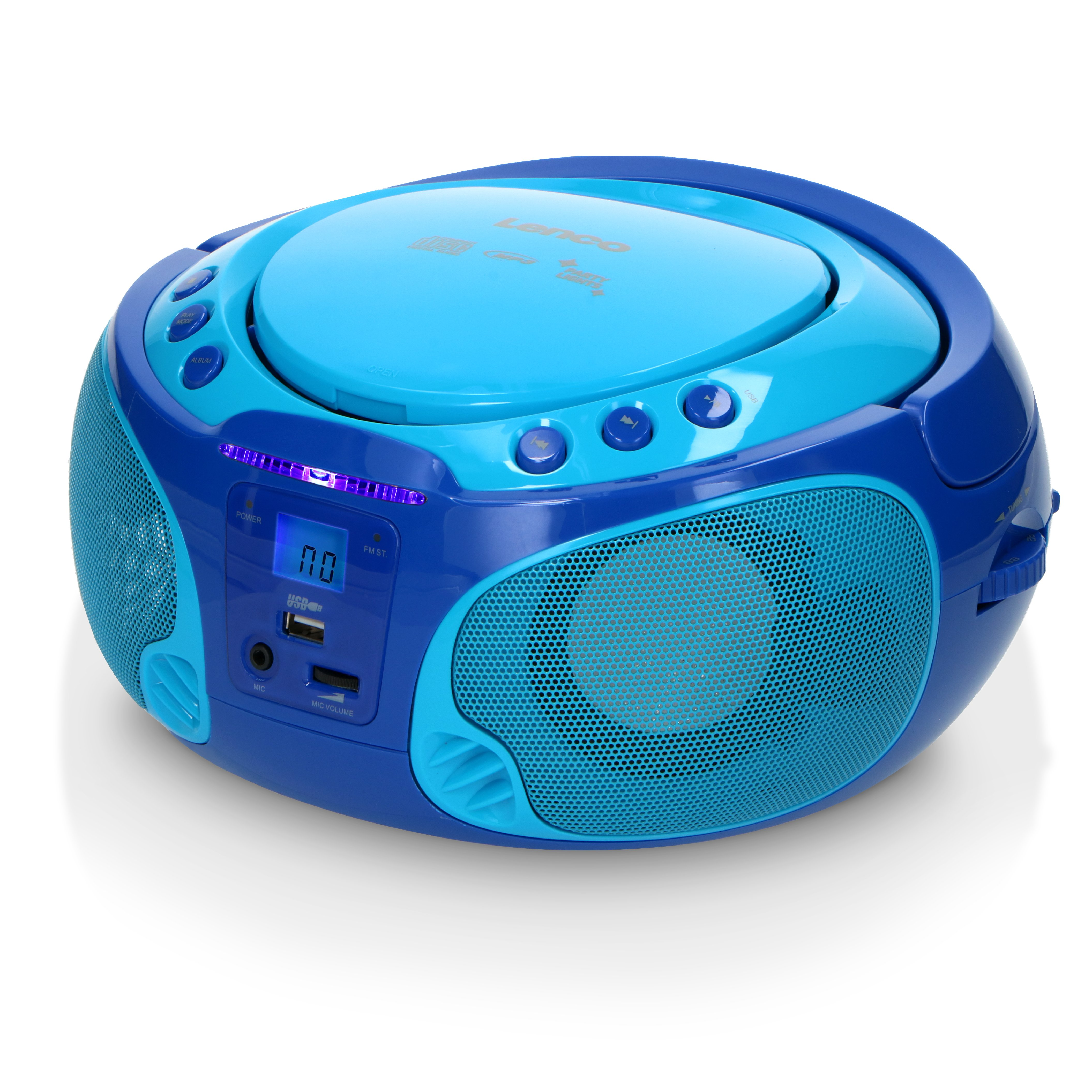 Ein blauer Lenco-Boombox-CD-Player mit zwei Lautsprechern und digitalen Tasten.