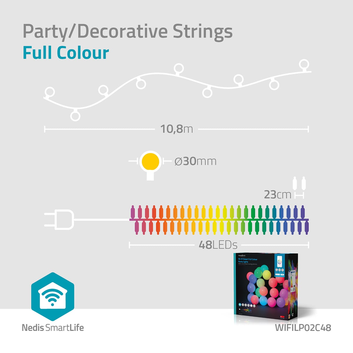 Disegno tecnico di una catena luminosa da 10,8m con 48 LED, lampadine da 30mm e confezione.
