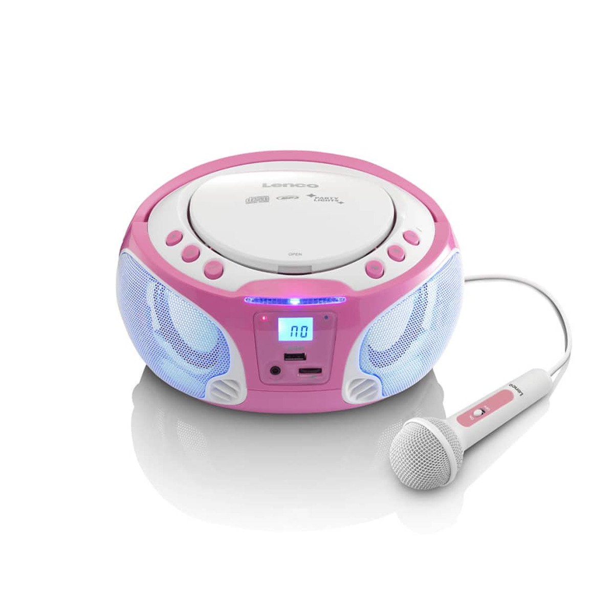 Ein runder rosa und weißer CD-Player mit Mikrofon und blauer Beleuchtung.