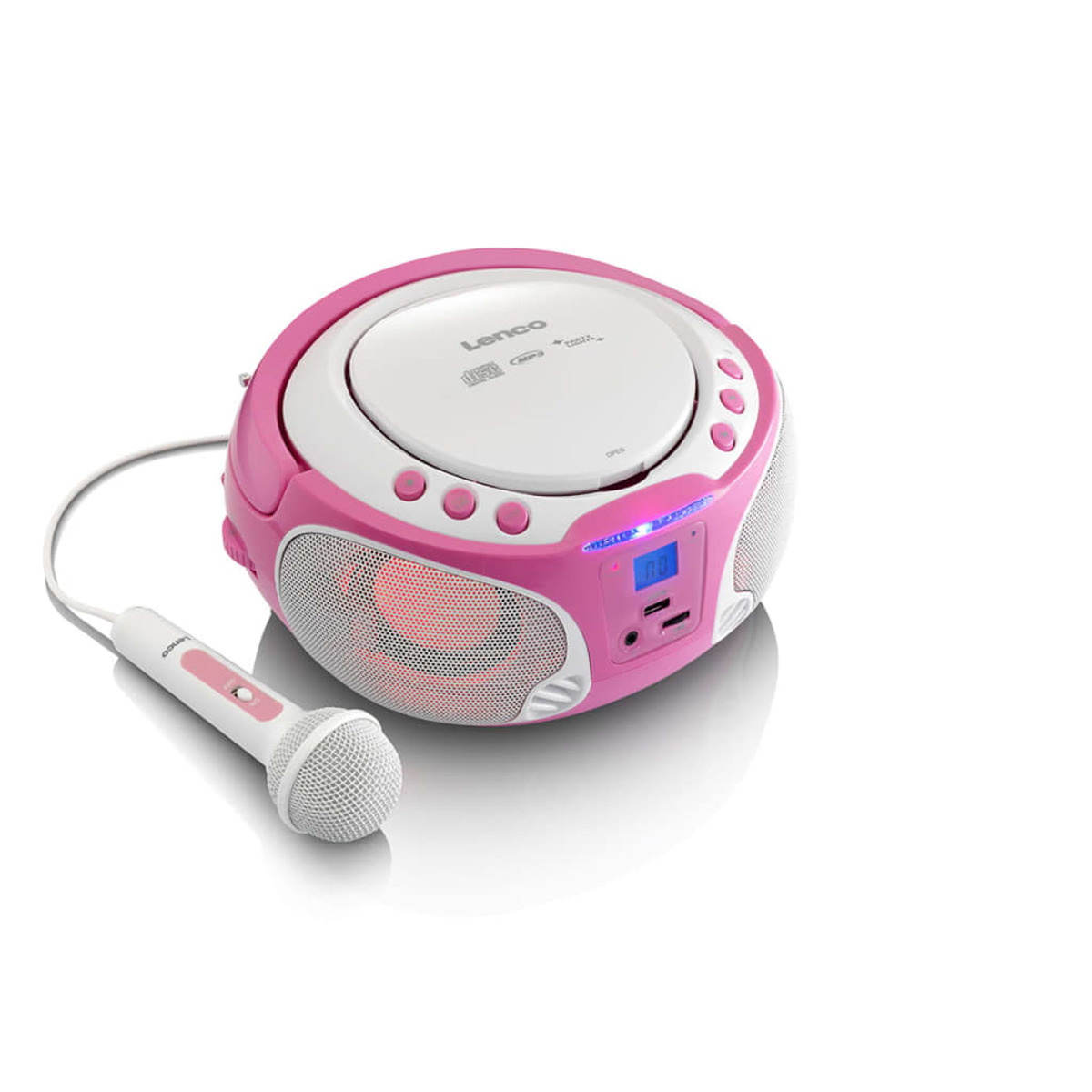 Eine rosa-weiße Lenco-Karaoke-Boombox mit angeschlossenem weißem Mikrofon auf weißem Hintergrund.
