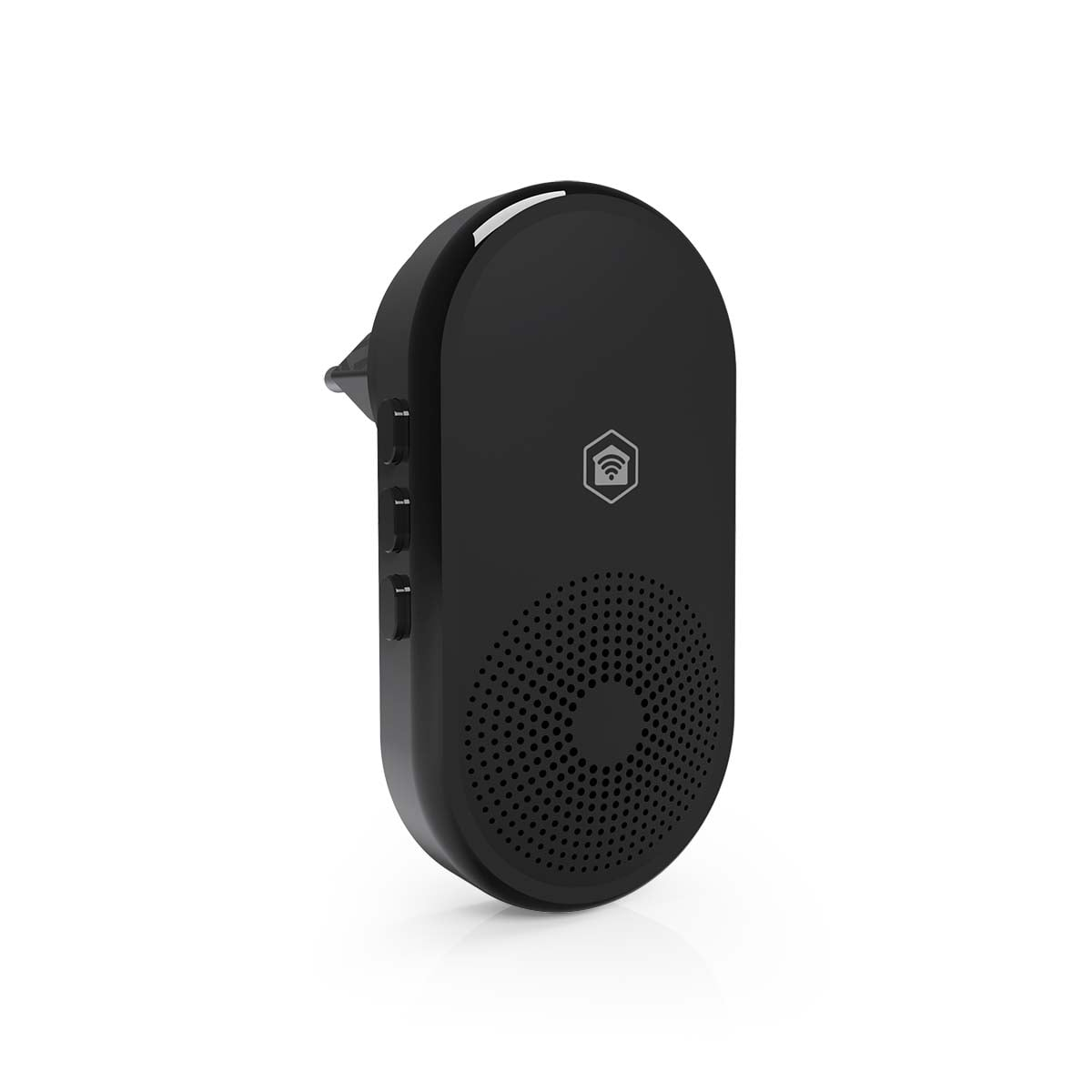 Dispositivo electrónico negro y redondeado con botones laterales y rejilla de altavoz sobre fondo blanco.