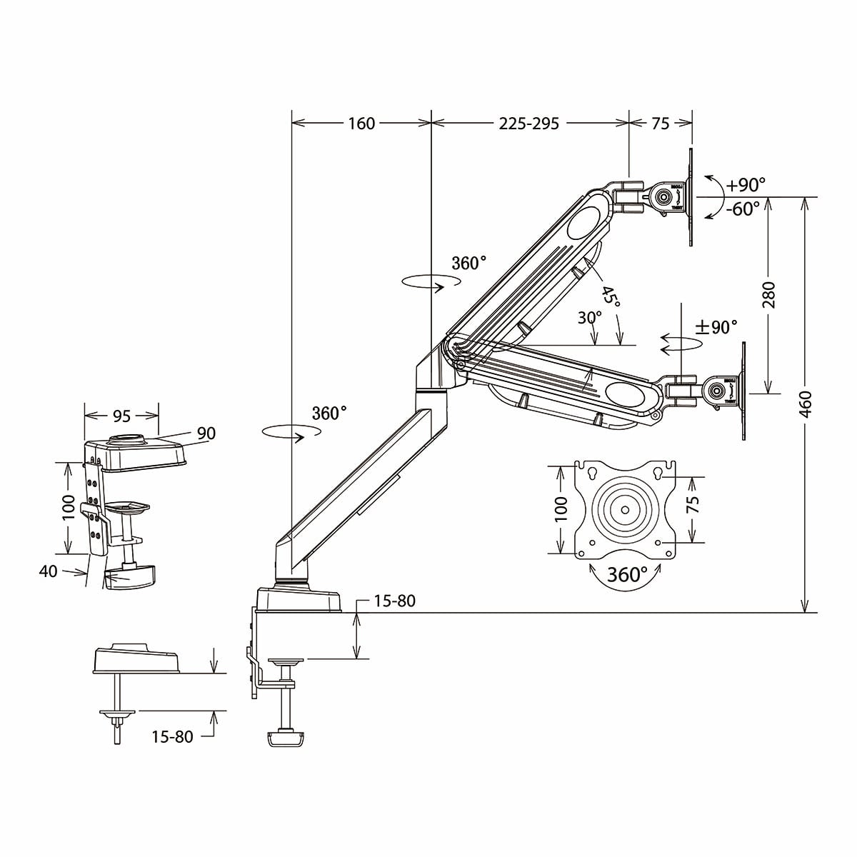 Technische Zeichnung eines Doppel-Monitorarms mit Maßen und Bewegungswinkeln.