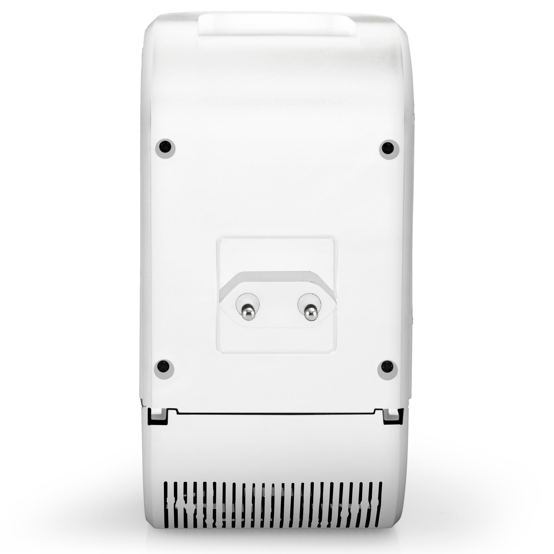 Rückansicht eines weißen Geräts mit integriertem Netzstecker und Lüftungsschlitzen.