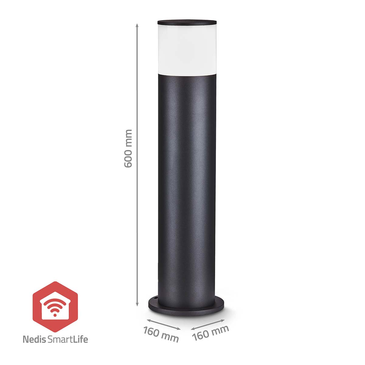Black cylindrical garden light with dimensions: 600 mm height and 160 mm diameter.