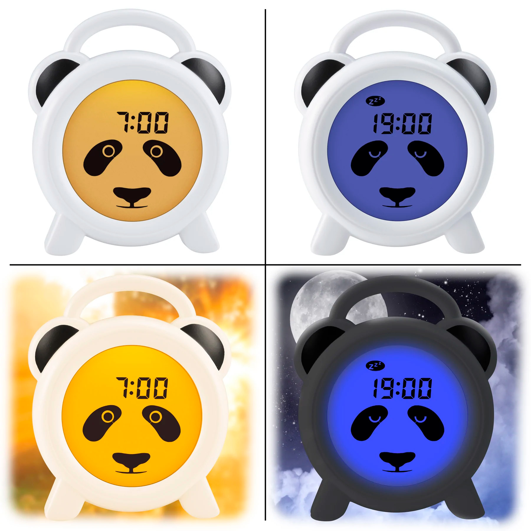 Vier pandaförmige Wecker zeigen Tag- und Nachtmodi mit gelbem und blauem Licht.