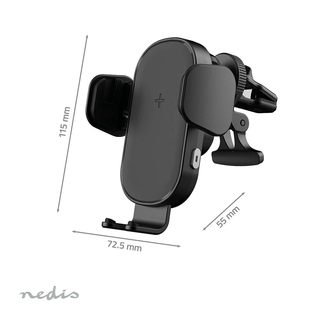 Schwarzer kabelloser Autohandyhalter mit Maßen von 115 mm, 72.5 mm und 55 mm auf weißem Hintergrund.