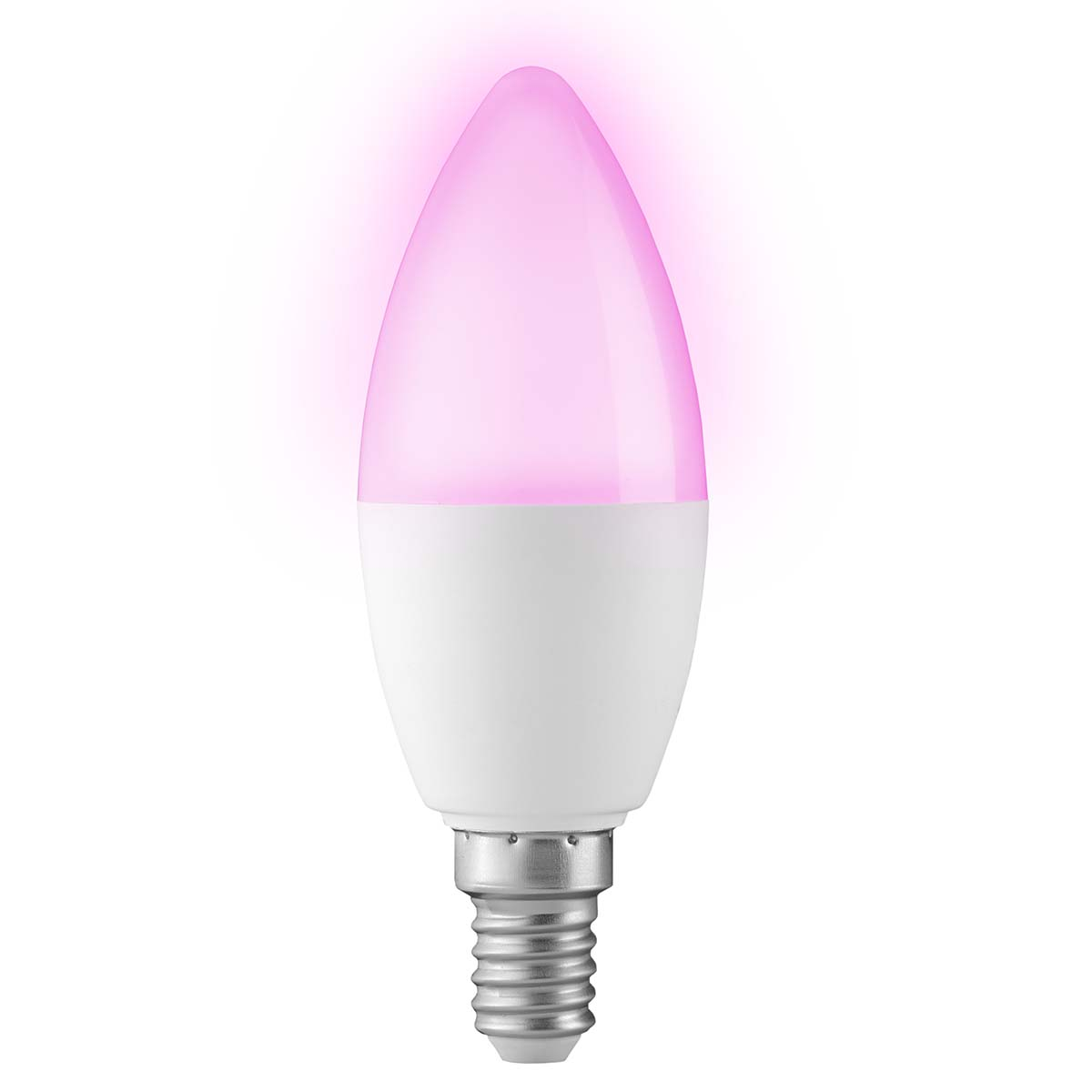 Eine Kerzenform-Glühbirne mit weißem Sockel und rosafarbenem Licht, das nach oben hin leuchtet.