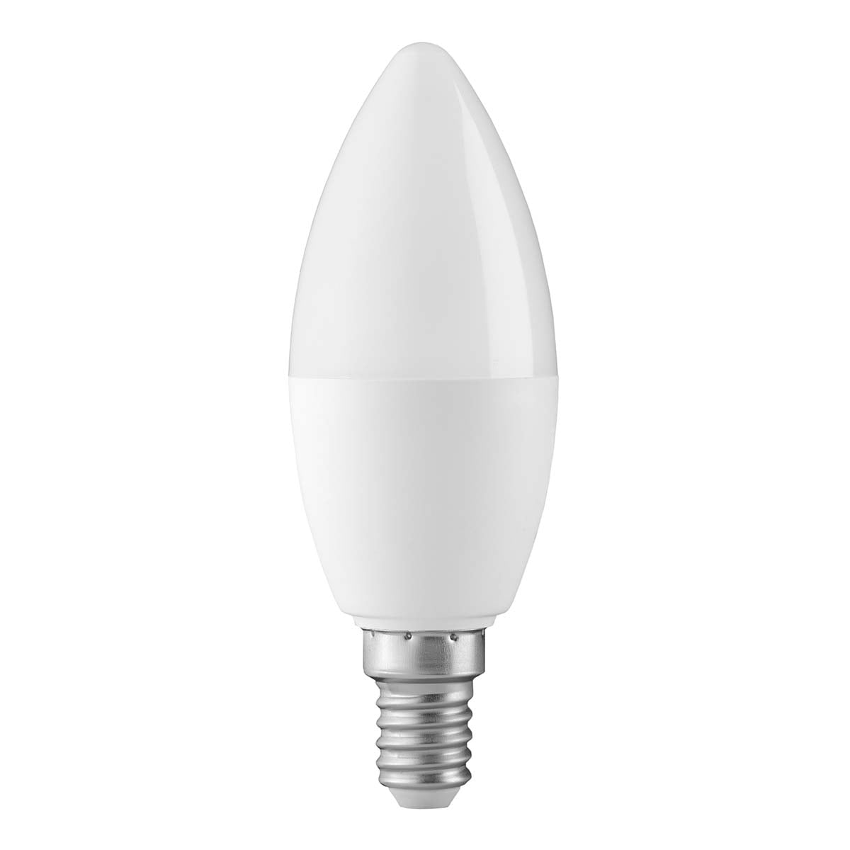 Weiße LED-Kerzenlampe mit E14-Schraubsockel vor weißem Hintergrund.