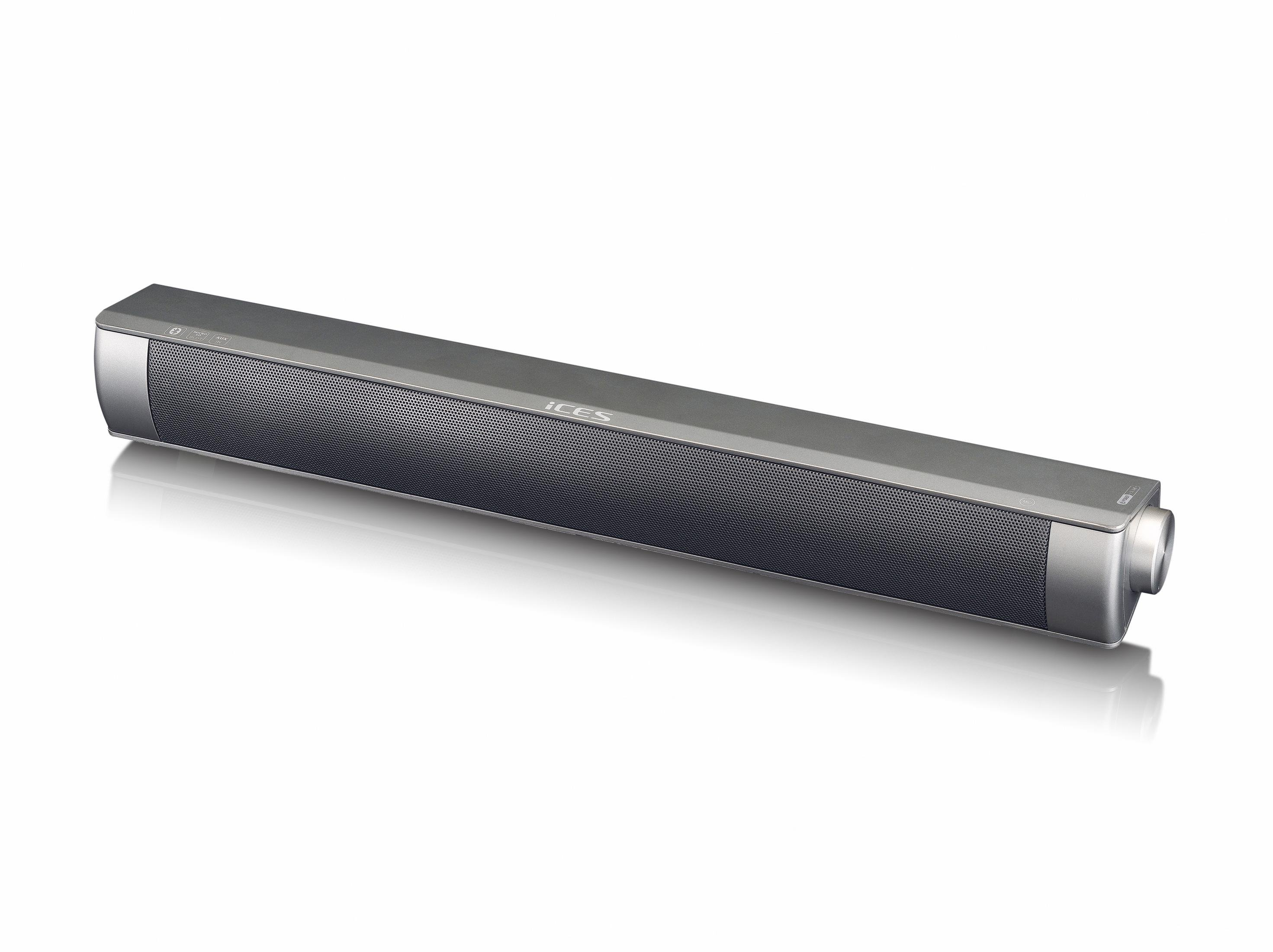 Eine lange, dunkelgraue Soundbar mit silbernem Lautstärkeregler und Lautsprechergitter steht auf weißer Fläche.