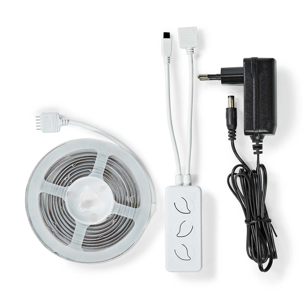 LED strip on spool, controller, and black power adapter on white background.