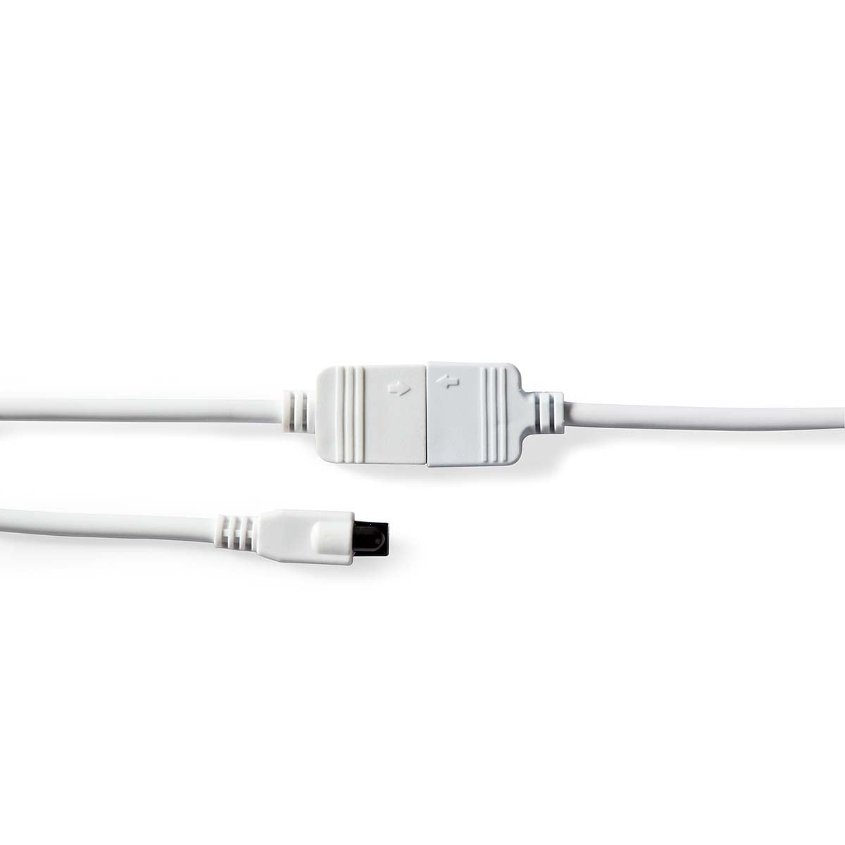 White cable with a connected connector in the middle and a separate connector with a black tip below on white background.