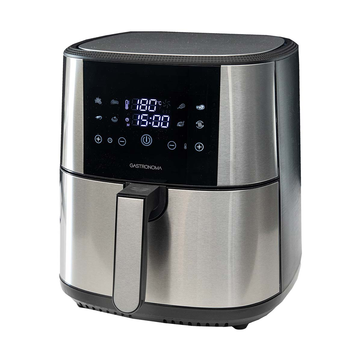 A stainless steel air fryer with a digital display and black handle stands on a white background.