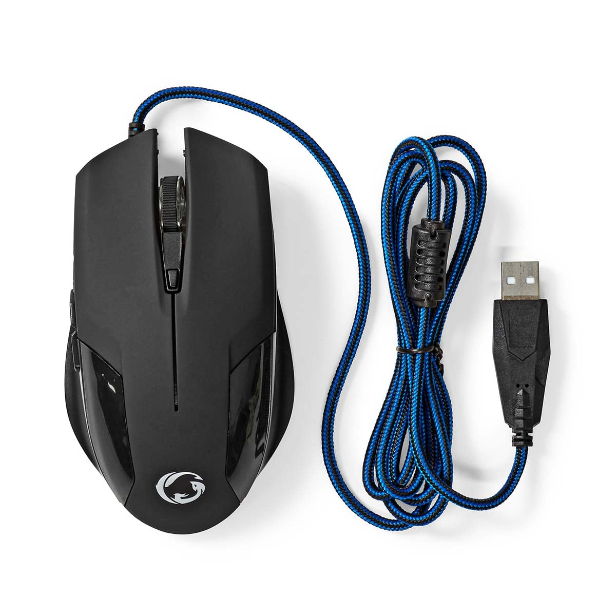 Schwarze Kabelmaus mit blauschwarzem geflochtenem Kabel und USB-Anschluss auf weißem Grund.