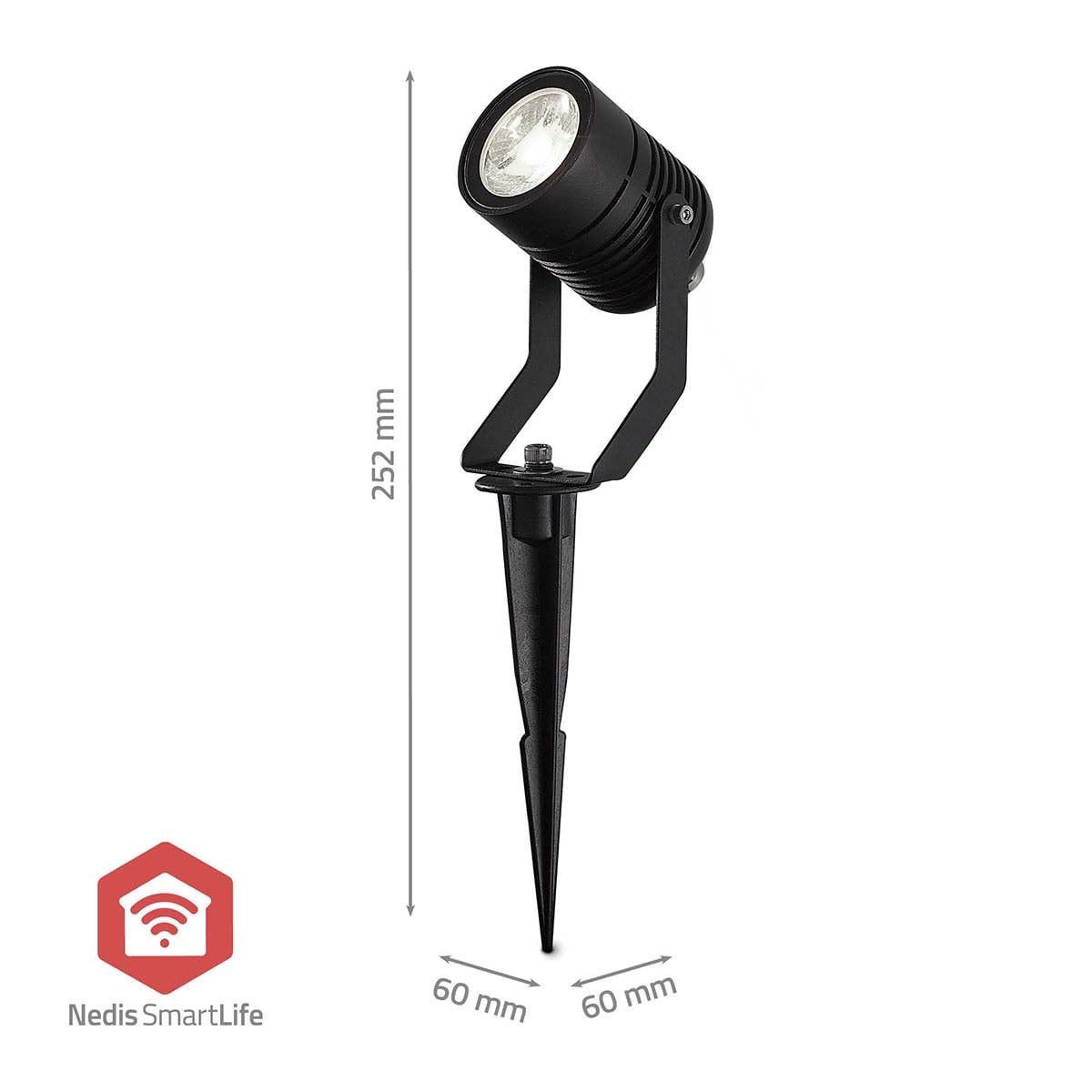 Black LED garden spotlight with ground spike, measuring 252 mm high, 60 mm wide and long.