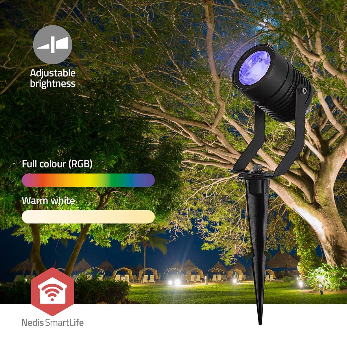 A black outdoor spotlight on a stake in a garden at night, with text overlays for features and Nedis SmartLife.