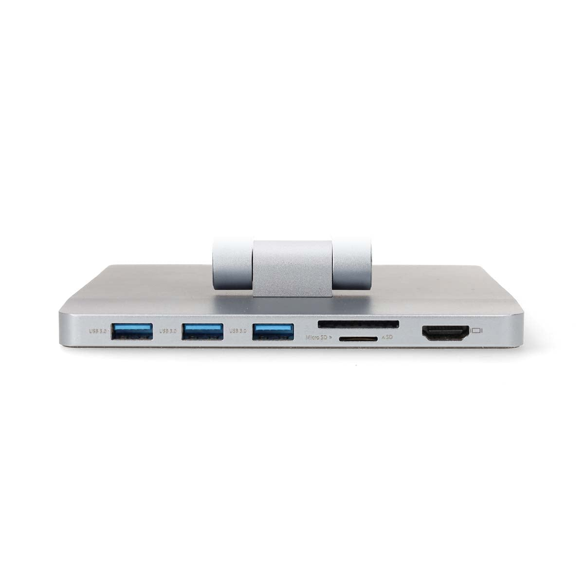 Ein silberner USB-Hub mit drei USB-3.0-Anschlüssen, Steckplätzen und HDMI-Anschluss, oben mit Scharnier.