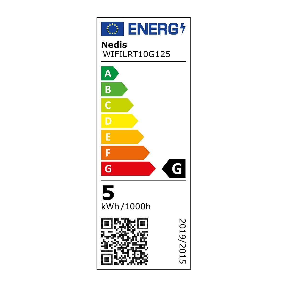 Etykieta energetyczna Nedis WIFILRT10G125 z klasą G i zużyciem 5 kWh na 1000h.