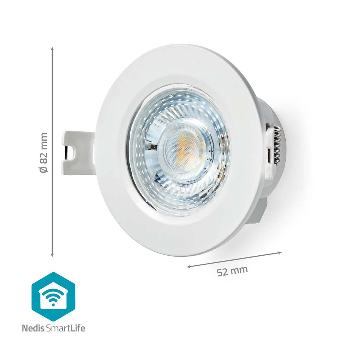 Foco empotrable LED redondo blanco con dimensiones y logotipo de Nedis SmartLife sobre fondo blanco.