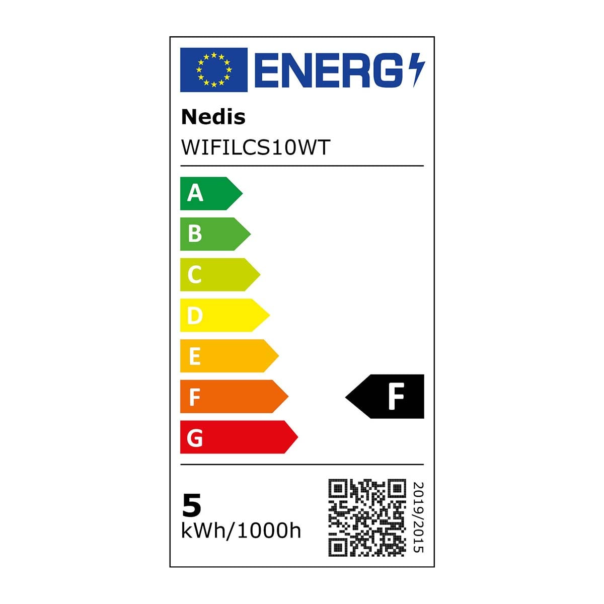 Etiqueta energética para Nedis WIFILCS10WT con clase de eficiencia F y 5 kWh por 1000h.