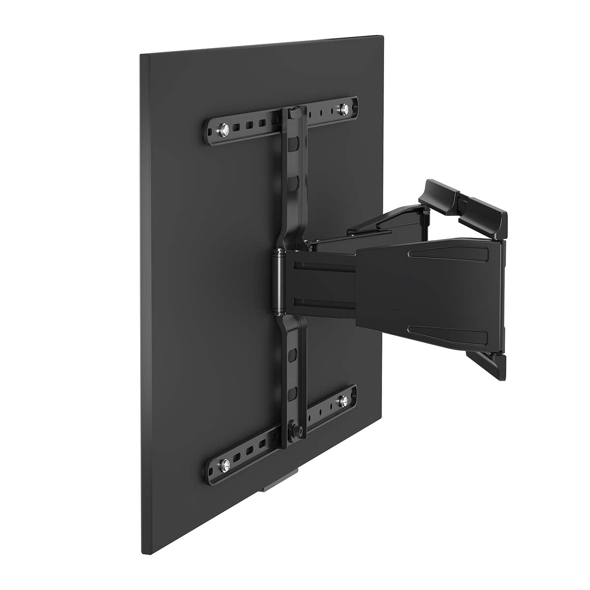 Supporto da parete nero per TV con braccio regolabile, montato su pannello scuro su sfondo bianco.