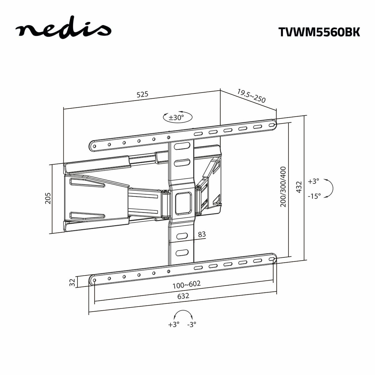Disegno tecnico del supporto a parete per TV Nedis TVWM5560BK con dimensioni, angoli e fori.