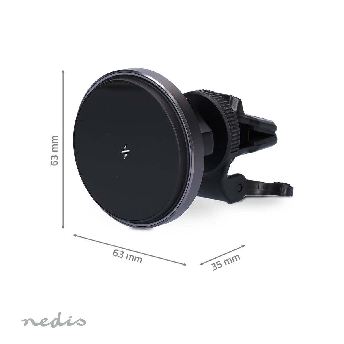 Eine schwarze magnetische Autohalterung mit Maßen: 63 mm Durchmesser, 35 mm Tiefe, vor weißem Hintergrund.