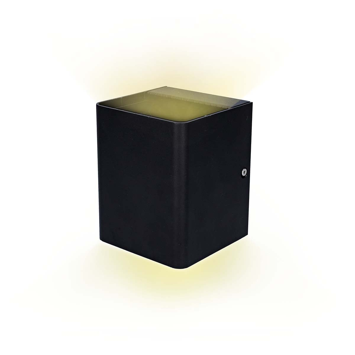 Modern black wall sconce casting a soft yellow glow upward and downward.