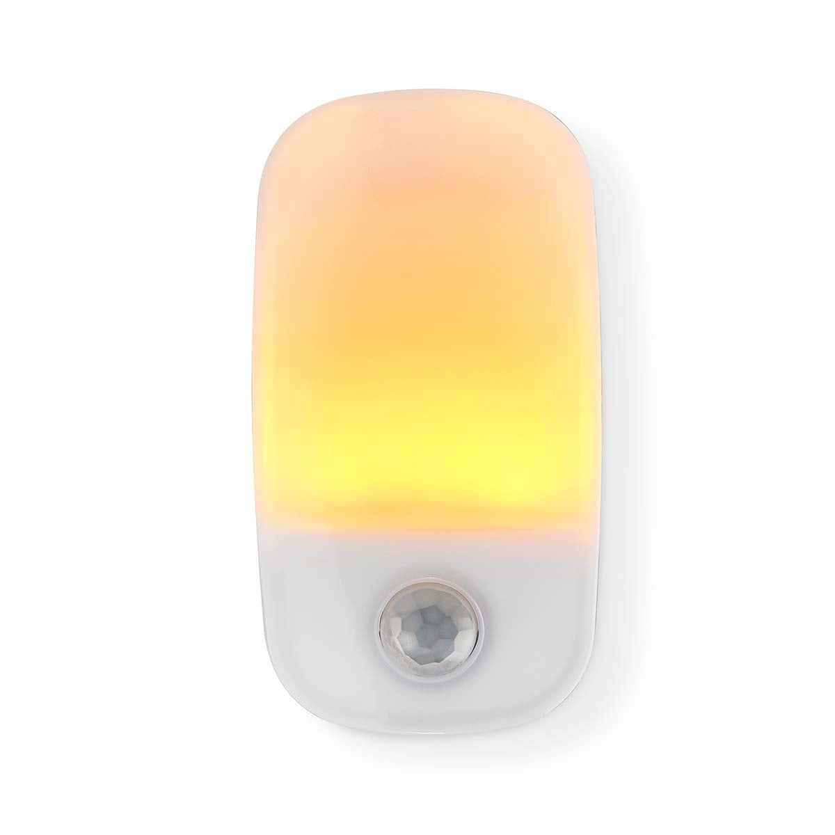 Una luce notturna bianca portatile che emette una calda luce arancione con un sensore di movimento.