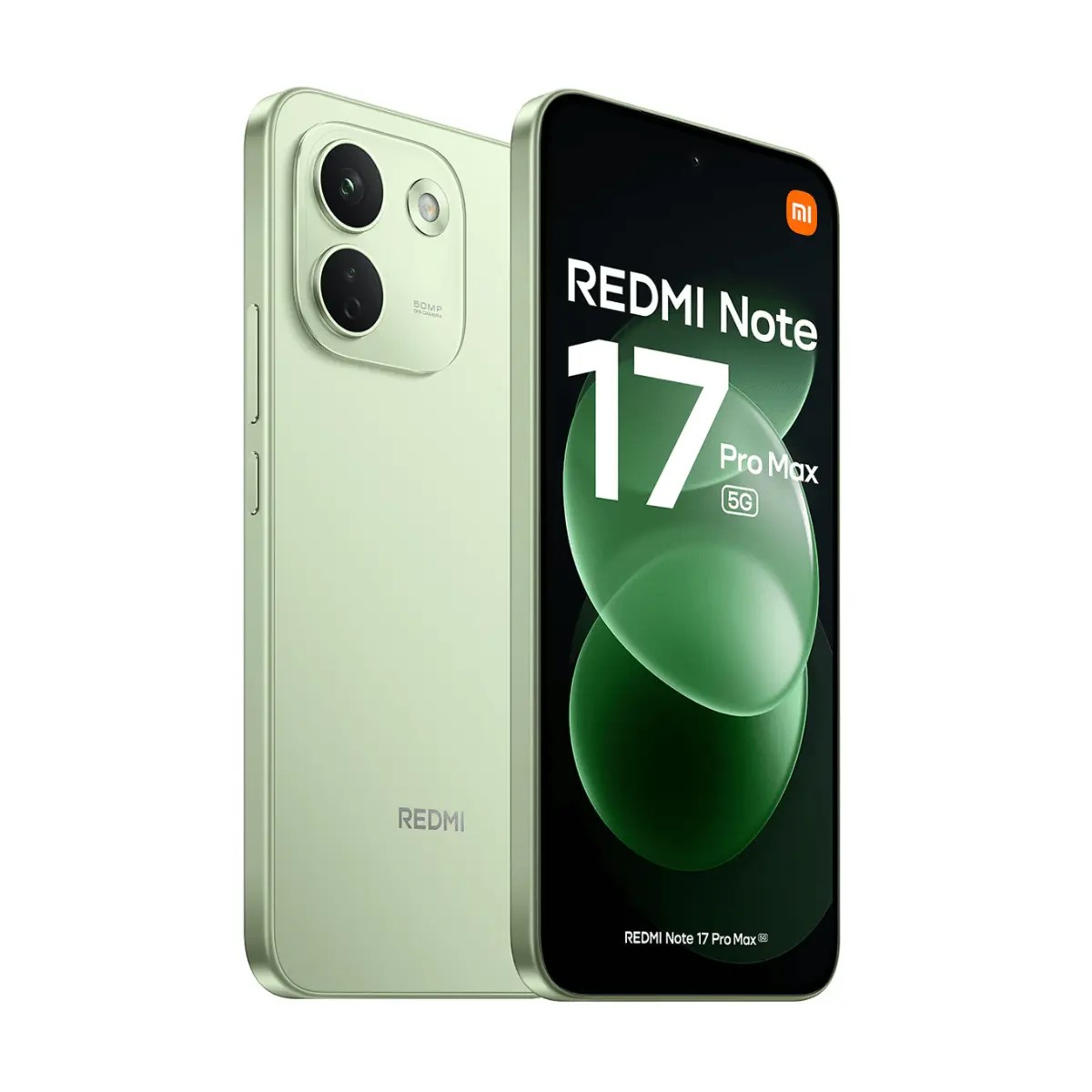 Hellgrünes Redmi Note 17 Pro Max Smartphone mit Frontbildschirm und Dual-Kamera-Rückseite.