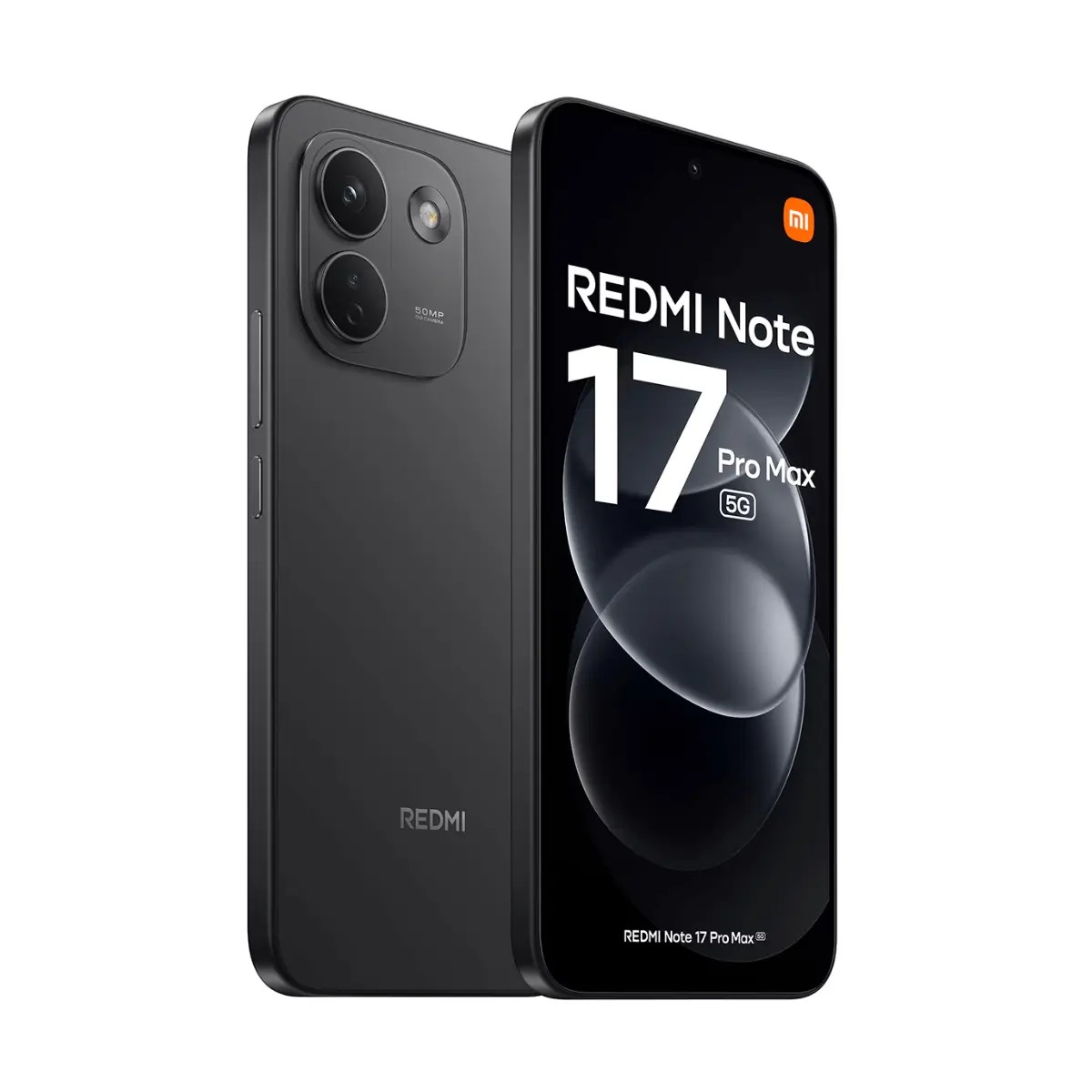 Schwarzes Redmi Note 17 Pro Max 5G Smartphone, zeigt Vorder- und Rückseite mit Dual-Kamera.