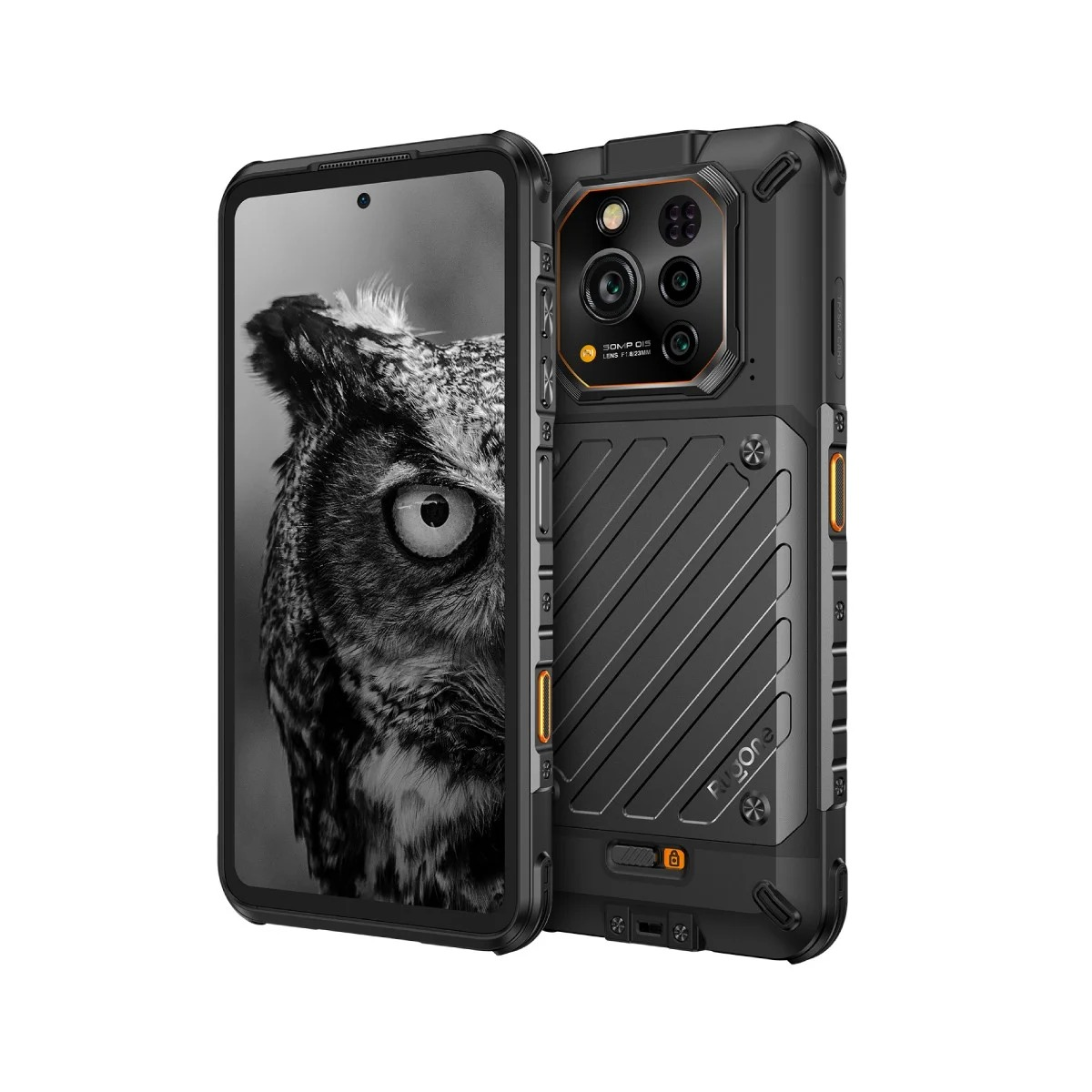 Un teléfono inteligente negro resistente con un búho en la pantalla y un módulo de cámara en la parte posterior.