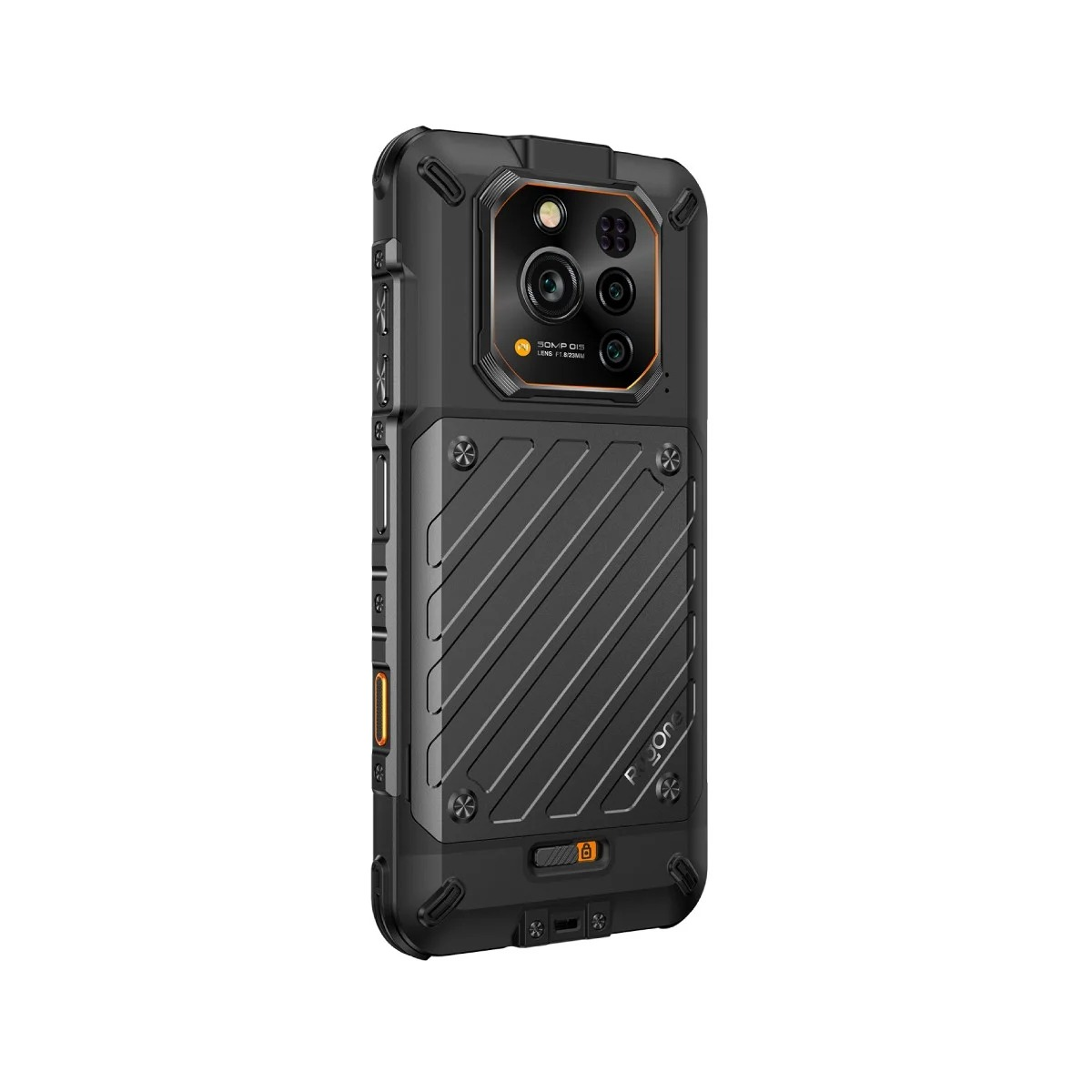 Vista trasera de un smartphone negro resistente con módulo de cámara múltiple y placa metálica texturizada.