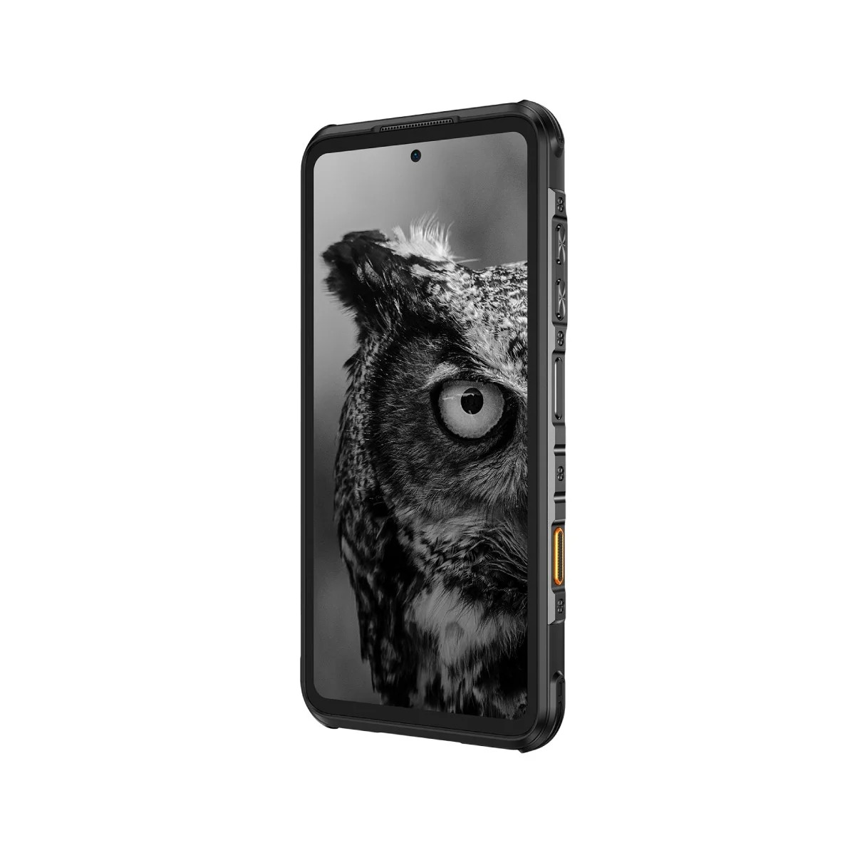 Un teléfono resistente negro que muestra una imagen de búho en la pantalla con botones laterales físicos.