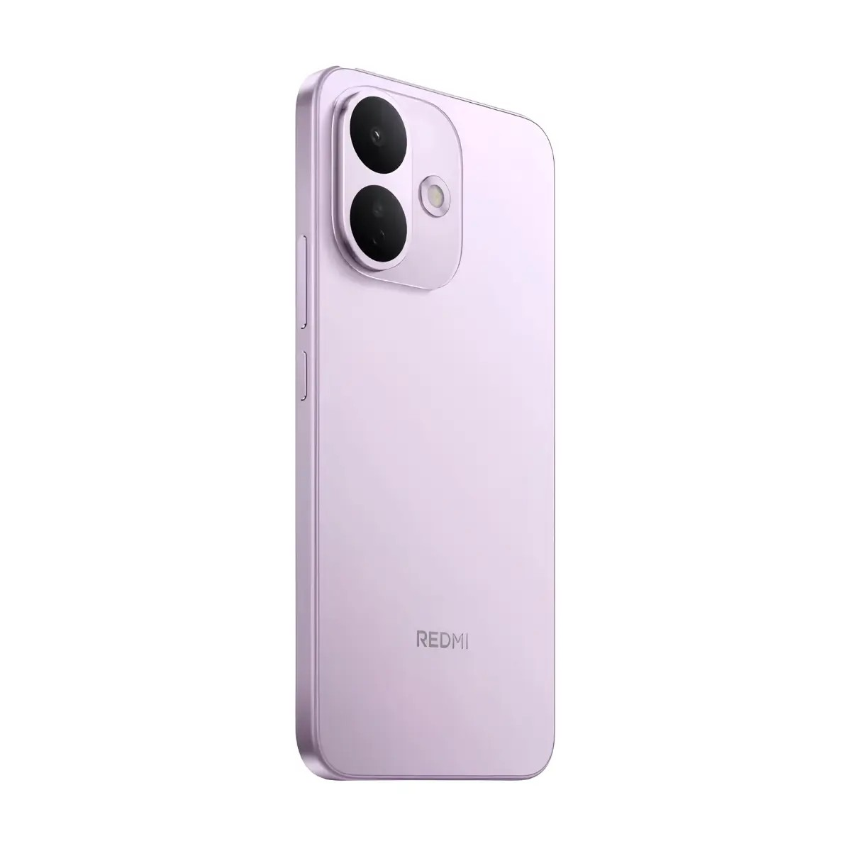 Rückseite eines hellvioletten Redmi-Smartphones mit zwei vertikalen Kameralinsen und dem Redmi-Logo.