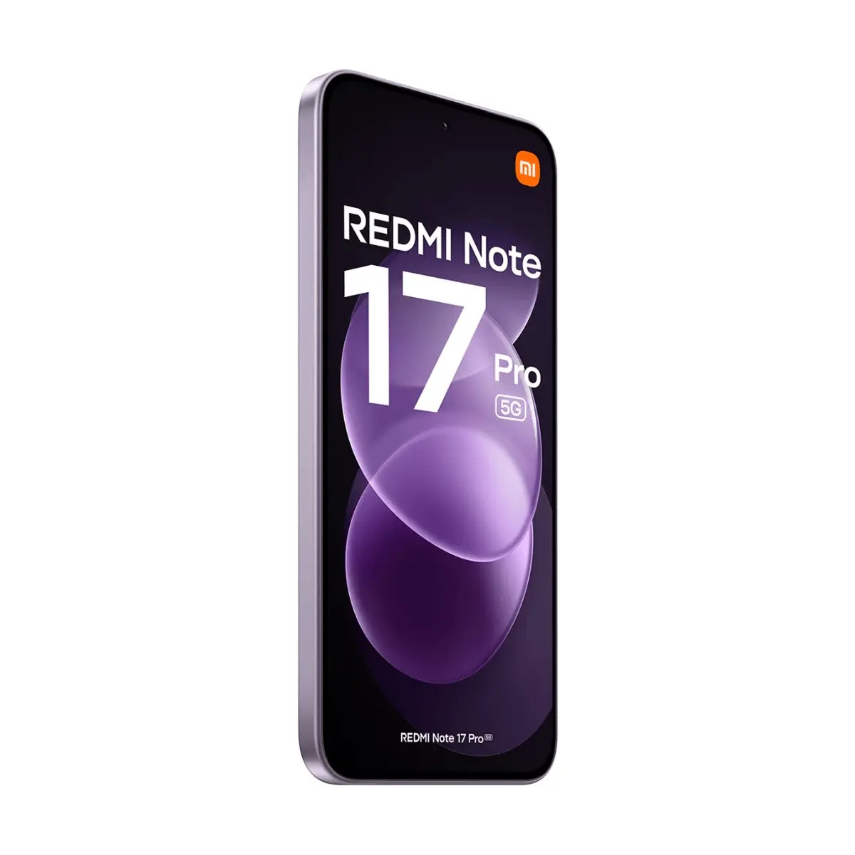 Ein lilafarbenes Redmi Note 17 Pro 5G Smartphone zeigt einen Bildschirm mit violetten Kreisen vor weißem Hintergrund.