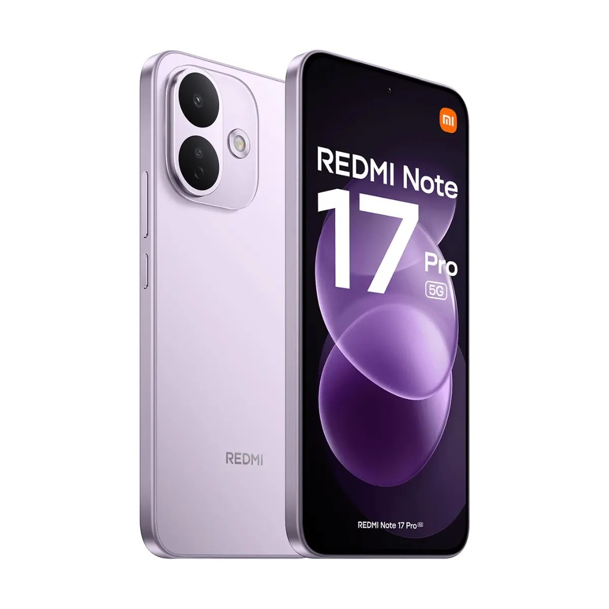 Ein lilafarbenes Redmi Note 17 Pro 5G Smartphone, gezeigt mit Front- und Rückseite auf weißem Hintergrund.
