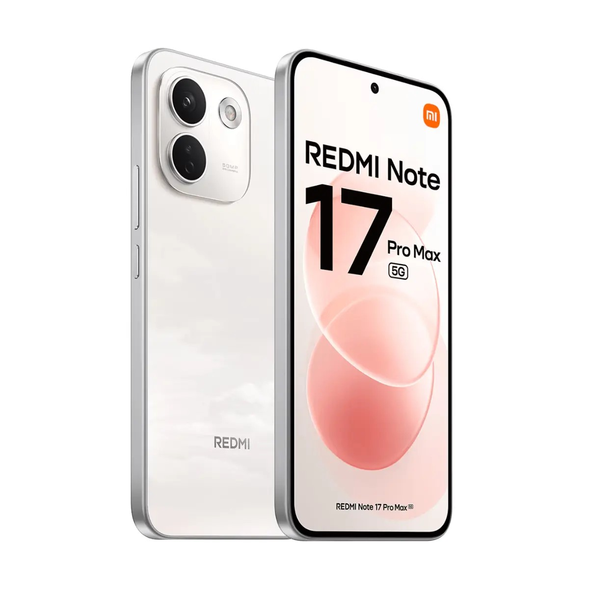 Weißes Redmi Note 17 Pro Max 5G Smartphone mit Vorderseite und Rückkamera vor schlichtem Hintergrund.