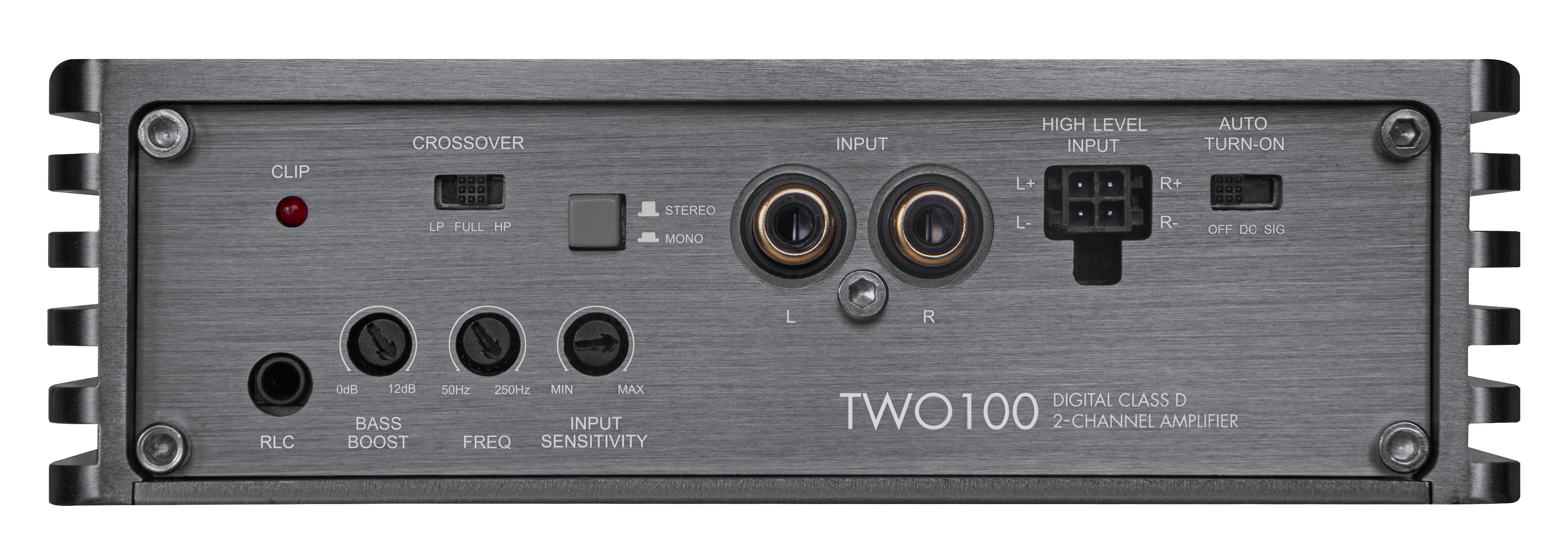 Bedienfeld eines Two100 Digital-Class-D-2-Kanal-Verstärkers mit Reglern, Schaltern und Audioeingängen.