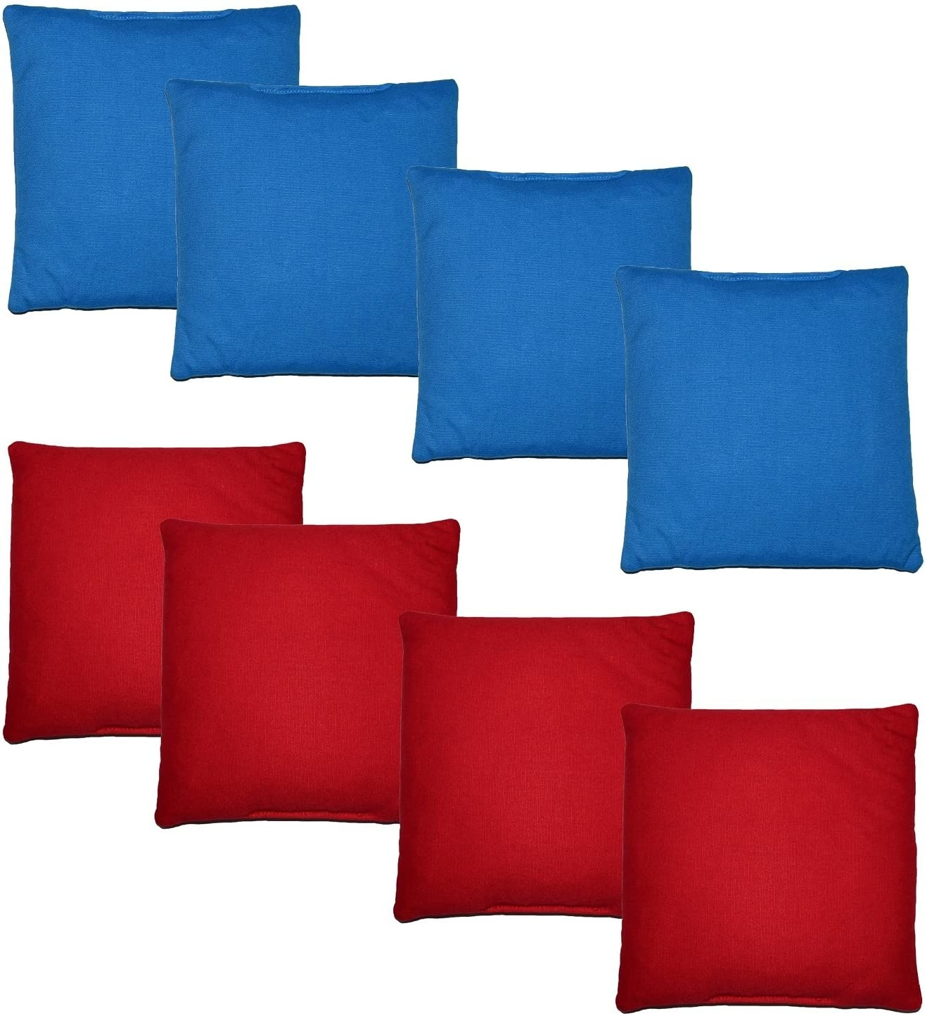 Acht Stoffbeutel, vier blaue oben und vier rote unten, auf weißem Hintergrund angeordnet.