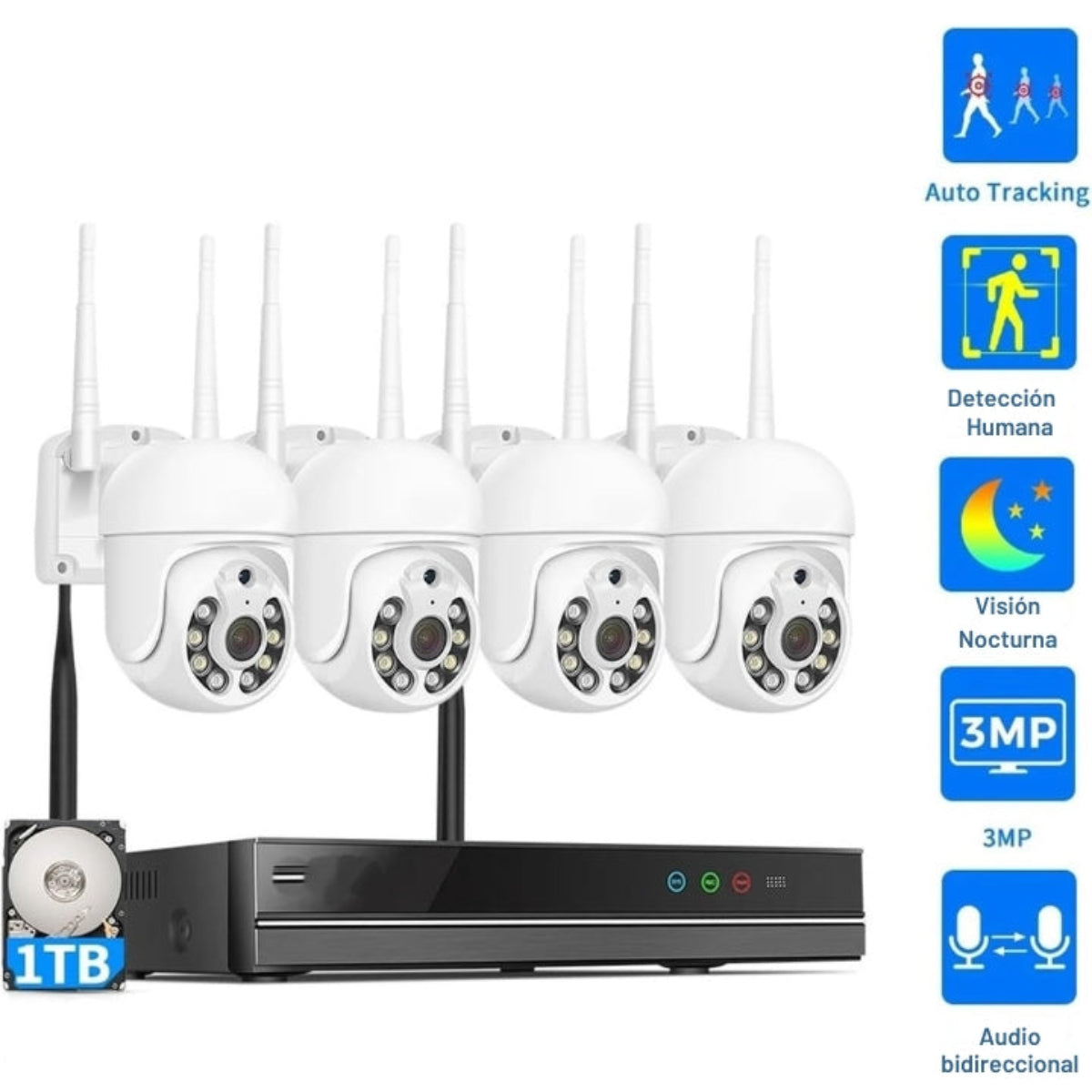 Cuatro cámaras de seguridad blancas con antenas sobre un grabador y un disco duro de 1 TB sobre fondo blanco.
