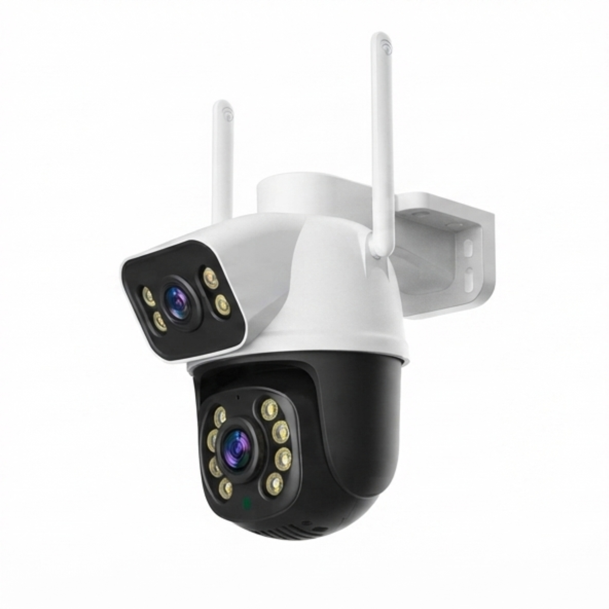 Cámara de seguridad blanca y negra con dos antenas y luces LED sobre fondo blanco.